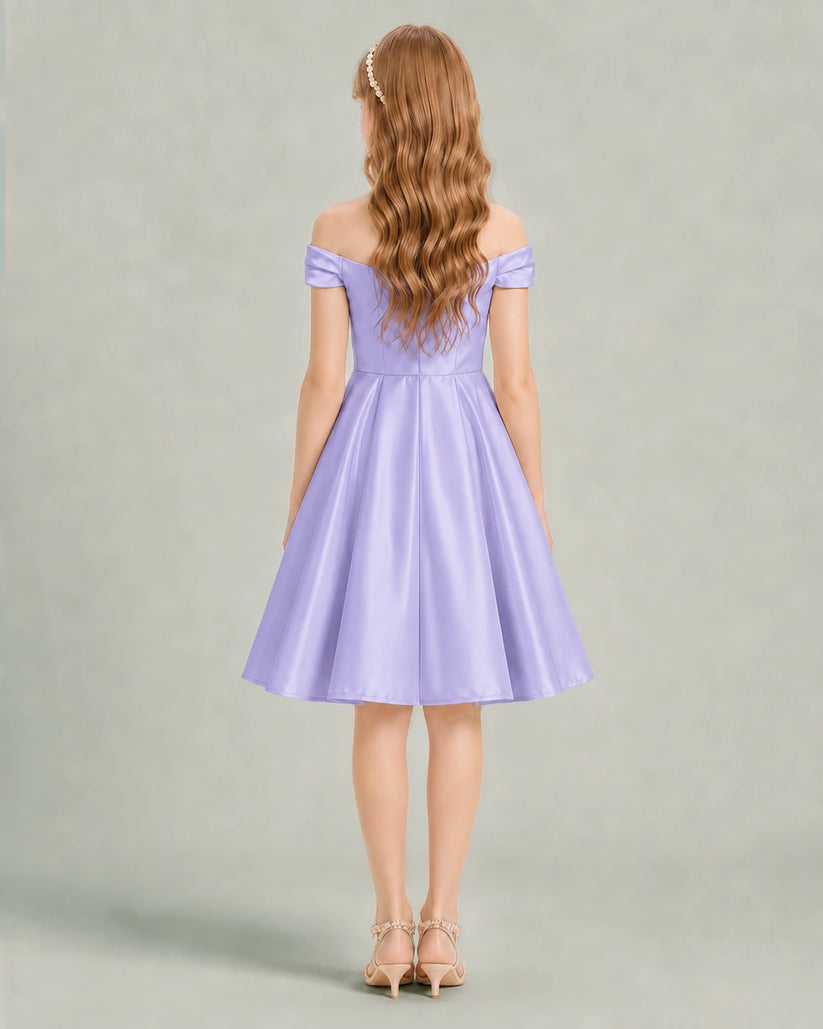 Lavender Satin A-line Junior Bridesmaid Dress Back View