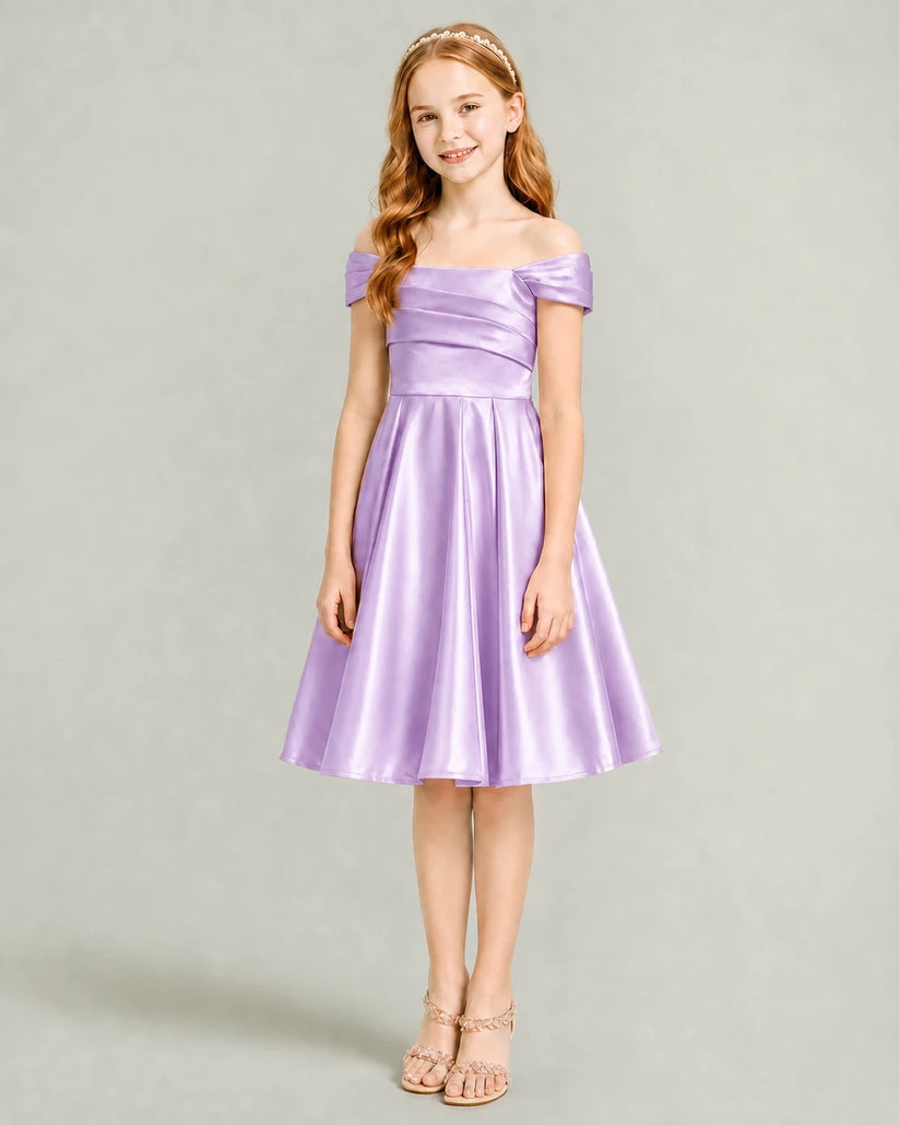 Lilac Satin A-line Junior Bridesmaid Dress Front View