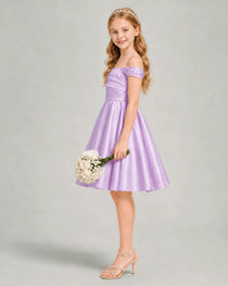 Lilac Junior Bridesmaid Dress Off-Shoulder Ruched Satin Knee-Length A-Line Gown Side View