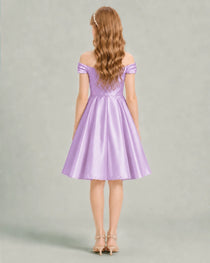 Lilac Junior Bridesmaid Dress Off-Shoulder Ruched Satin Knee-Length A-Line Gown Back View
