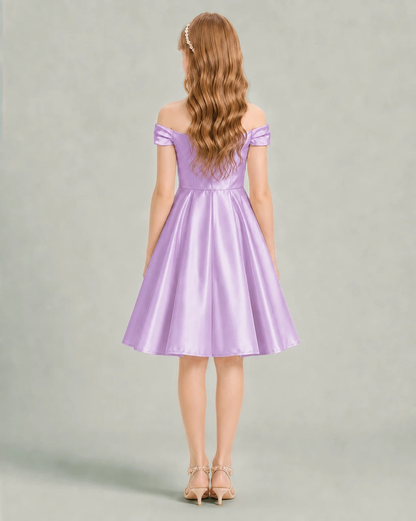 Lilac Satin A-line Junior Bridesmaid Dress Back View