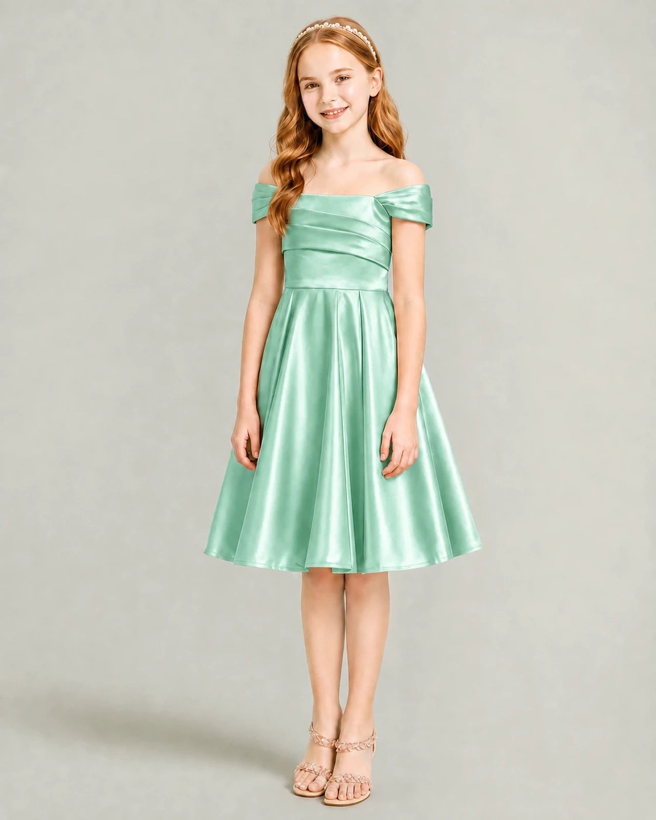 Mint Green Junior Bridesmaid Dress Off-Shoulder Ruched Satin Knee-Length A-Line Gown Front Full View