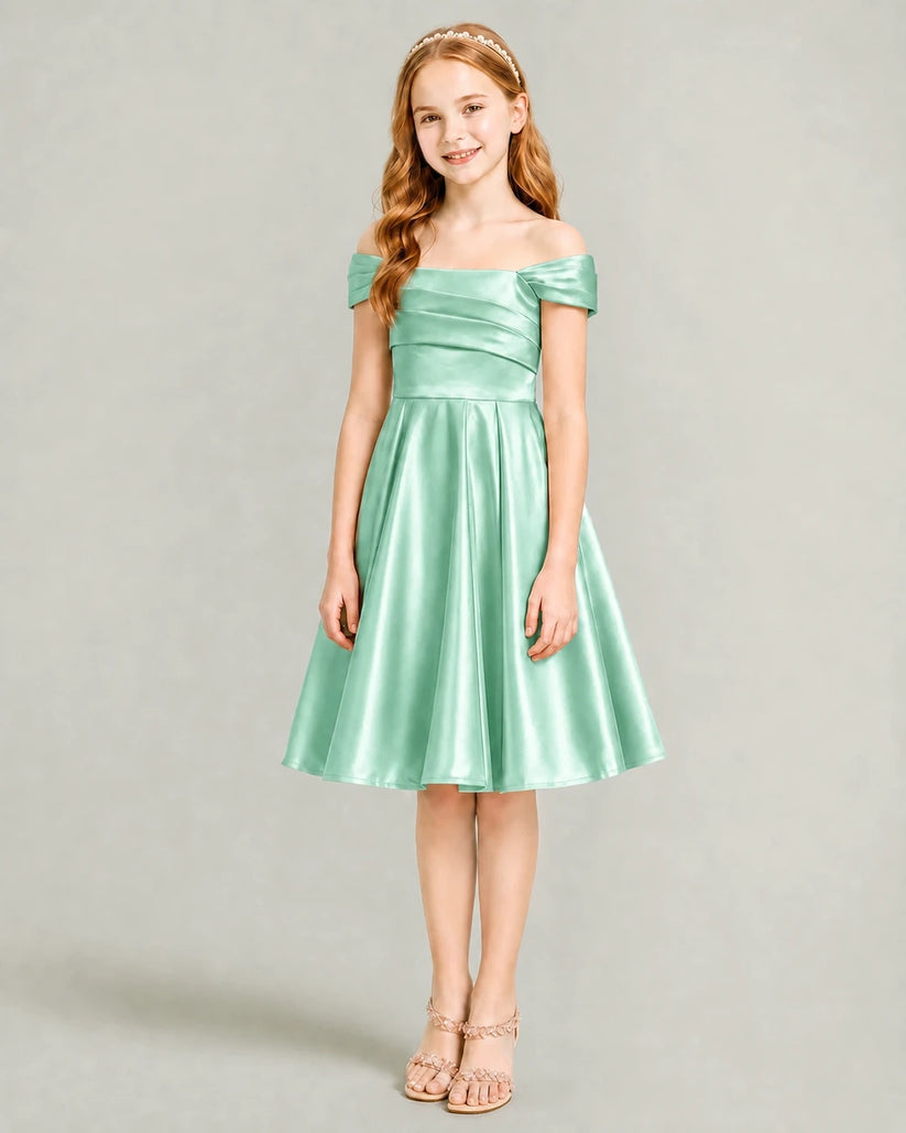 Mint Green Satin A-line Junior Bridesmaid Dress Front View
