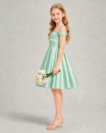 Mint Green Junior Bridesmaid Dress Off-Shoulder Ruched Satin Knee-Length A-Line Gown Side View