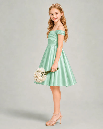 Mint Green Junior Bridesmaid Dress Off-Shoulder Ruched Satin Knee-Length A-Line Gown Side View
