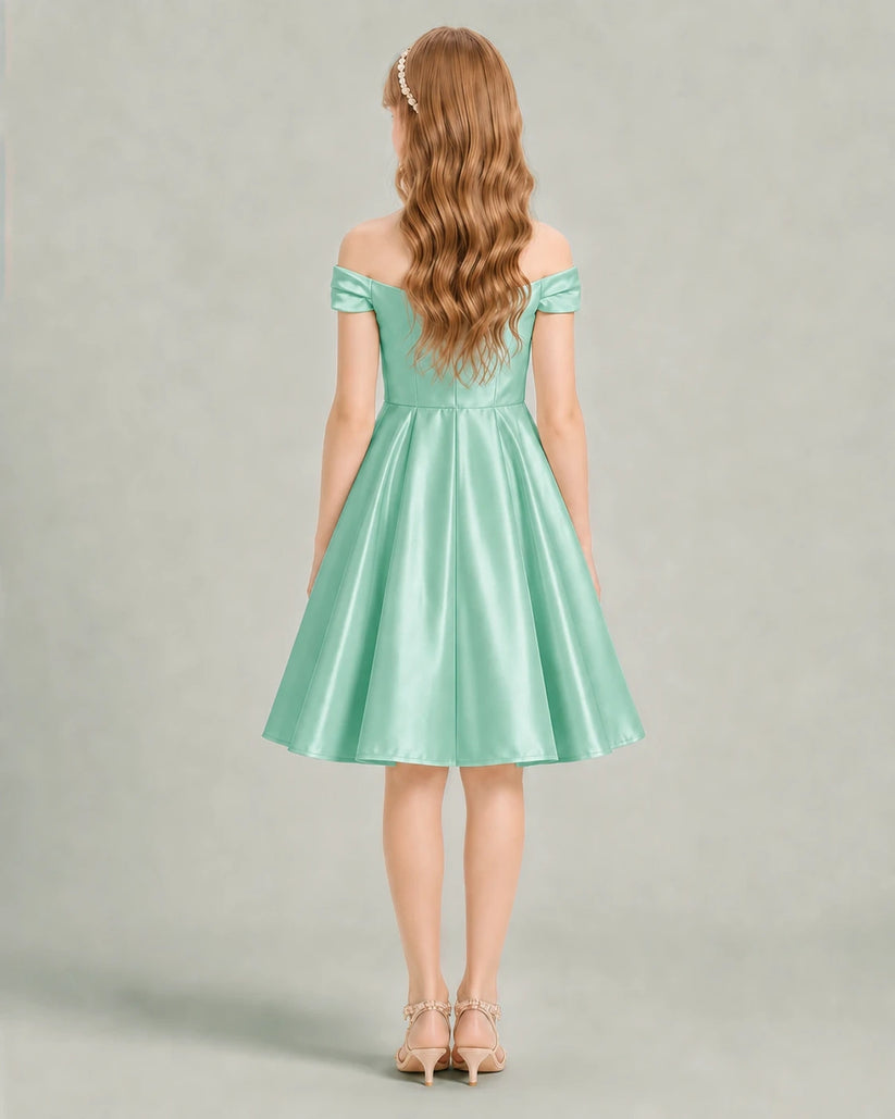 Mint Green Satin A-line Junior Bridesmaid Dress Back View