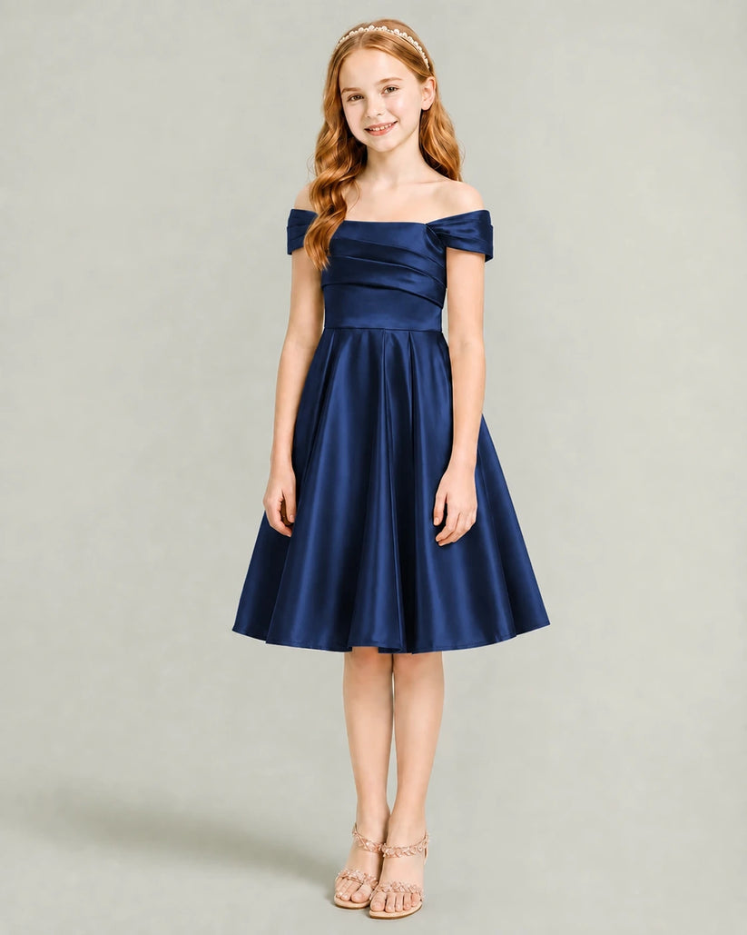 Navy Blue Satin A-line Junior Bridesmaid Dress Front View