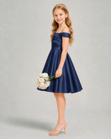 Navy Blue Satin A-line Junior Bridesmaid Dress Side View