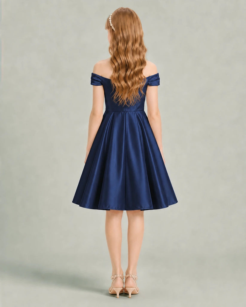 Navy Blue Satin A-line Junior Bridesmaid Dress Back View