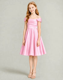 Pink Junior Bridesmaid Dress Off-Shoulder Ruched Satin Knee-Length A-Line Gown Front Full View