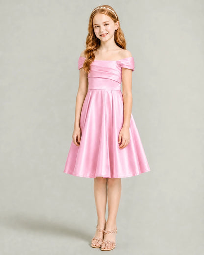 Pink Junior Bridesmaid Dress Off-Shoulder Ruched Satin Knee-Length A-Line Gown Front Full View