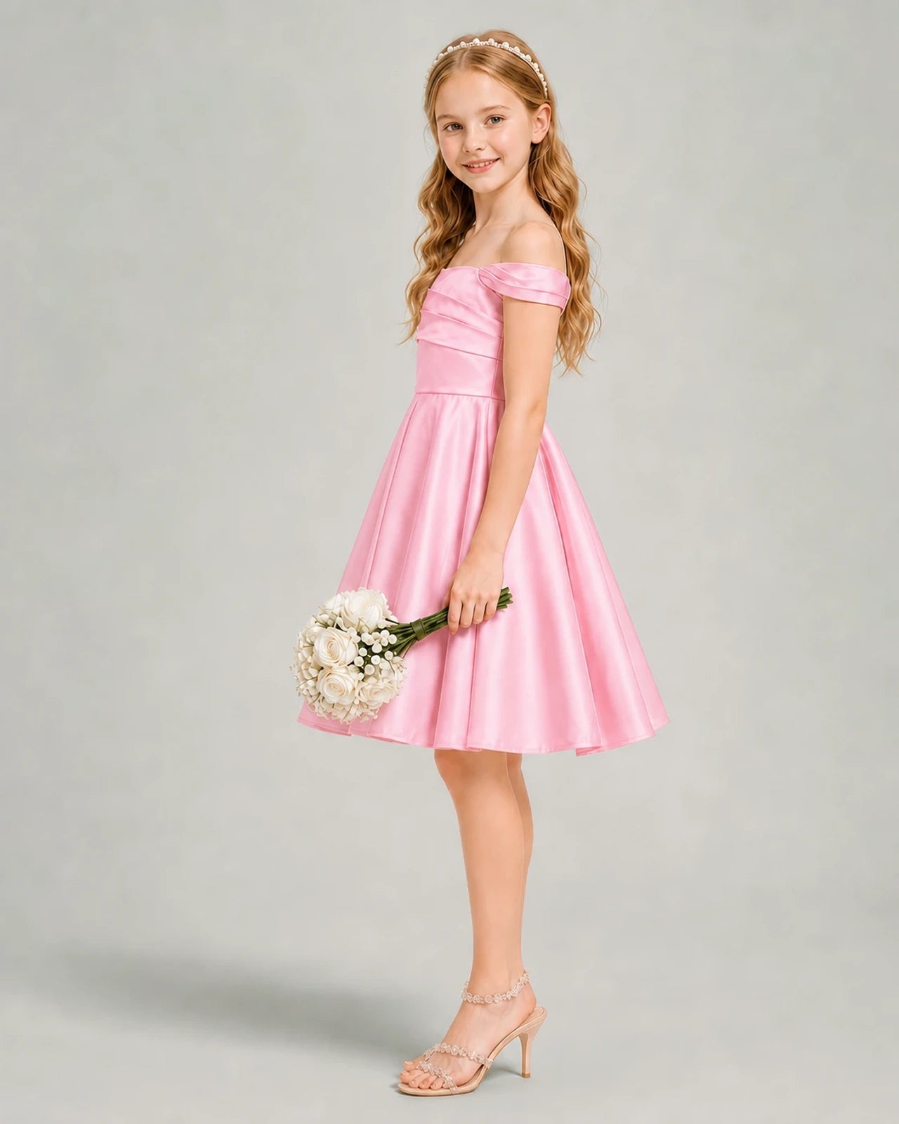 Pink Junior Bridesmaid Dress Off-Shoulder Ruched Satin Knee-Length A-Line Gown Side View