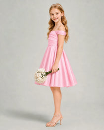 Pink Junior Bridesmaid Dress Off-Shoulder Ruched Satin Knee-Length A-Line Gown Side View