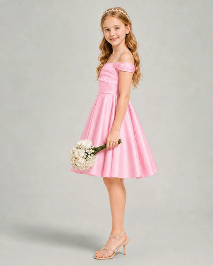 Pink Junior Bridesmaid Dress Off-Shoulder Ruched Satin Knee-Length A-Line Gown Side View
