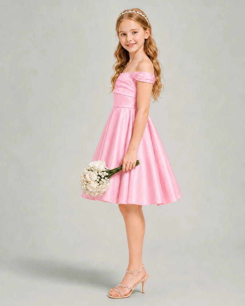 Pink Satin A-line Junior Bridesmaid Dress Side View