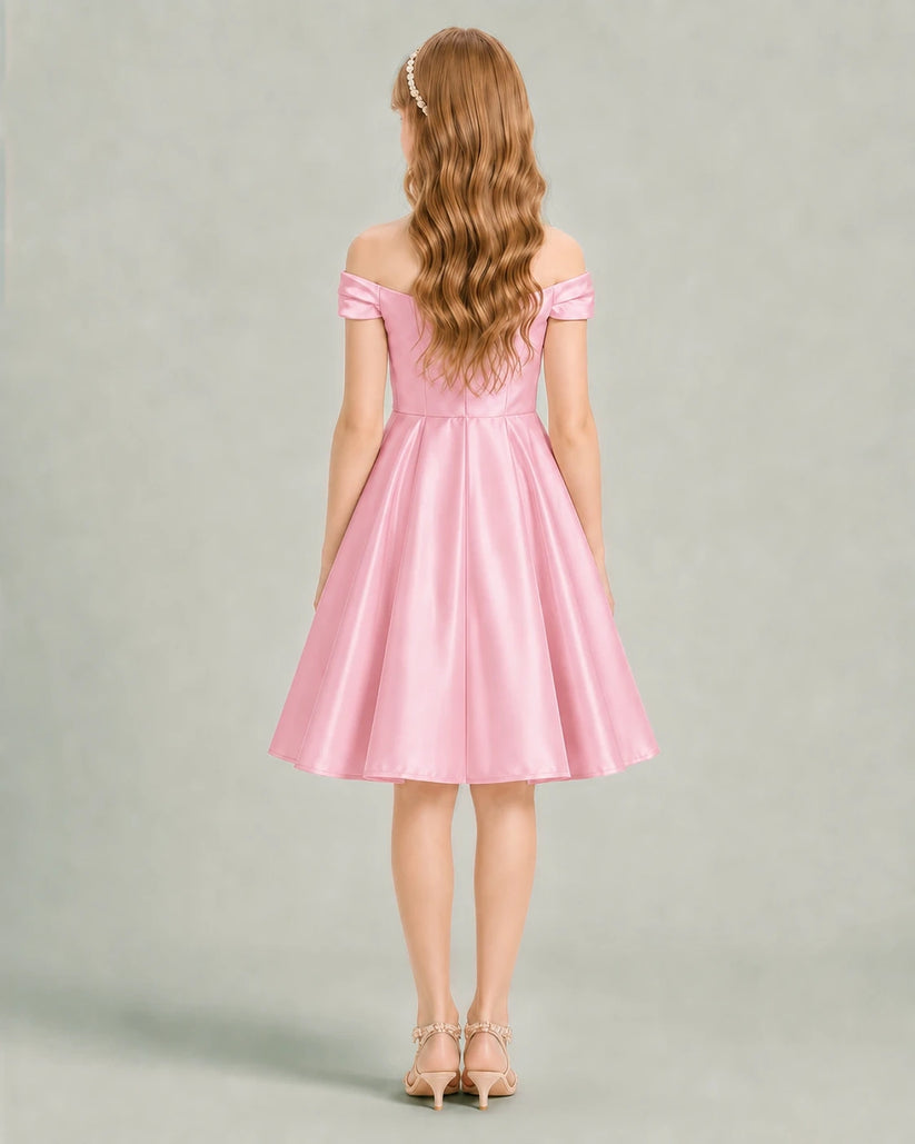 Pink Satin A-line Junior Bridesmaid Dress Back View
