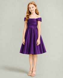 Purple Junior Bridesmaid Dress Off-Shoulder Ruched Satin Knee-Length A-Line Gown Front Full View