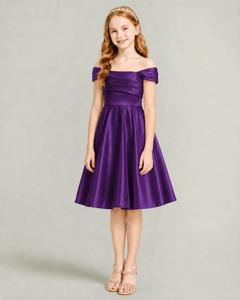 Purple Satin A-line Junior Bridesmaid Dress Front View