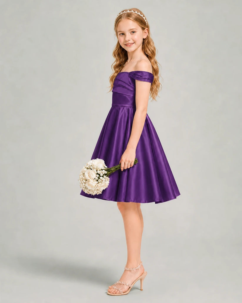 Purple Satin A-line Junior Bridesmaid Dress Side View