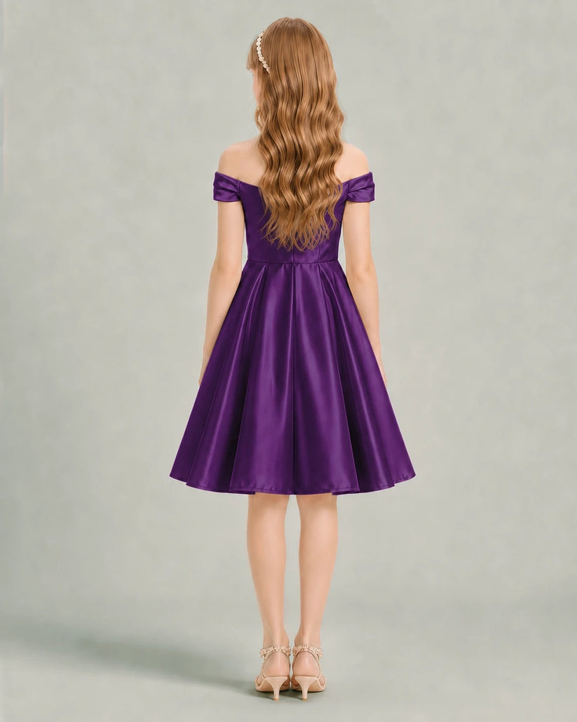 Purple Satin A-line Junior Bridesmaid Dress Back View