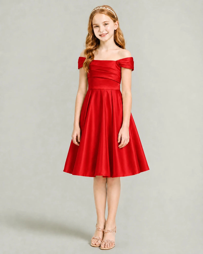 Red Satin A-line Junior Bridesmaid Dress Front View