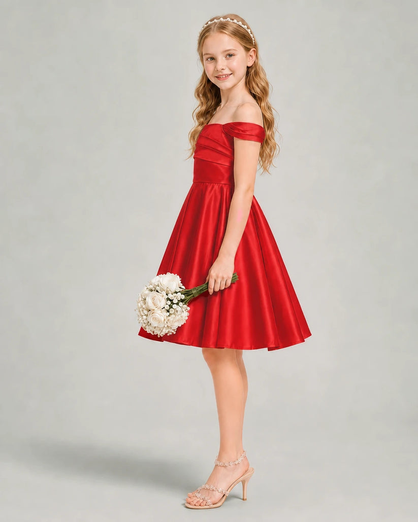 Red Satin A-line Junior Bridesmaid Dress Side View