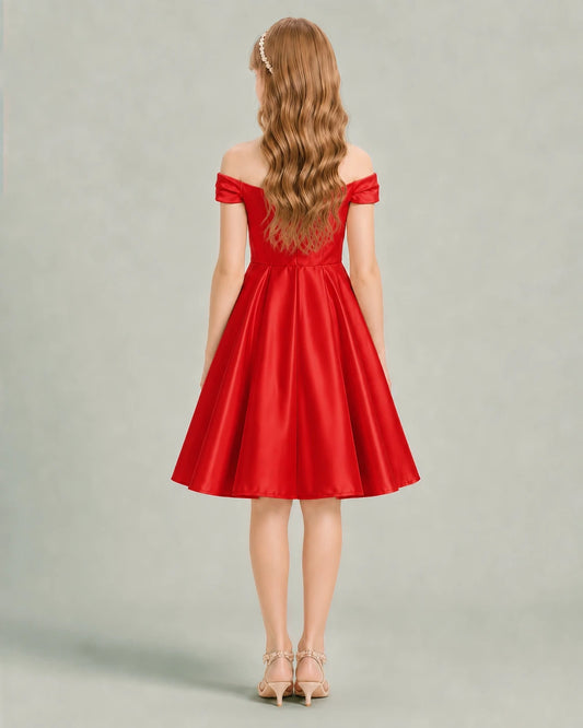 Red Satin A-line Junior Bridesmaid Dress Back View