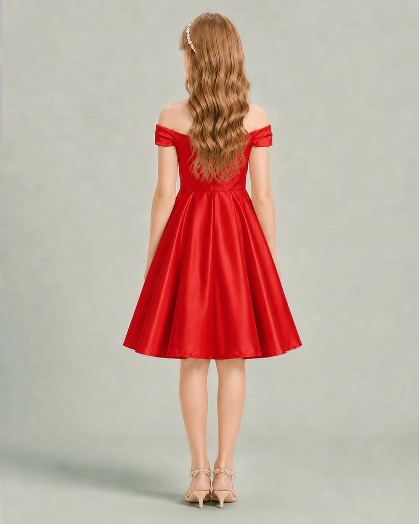 Red Satin A-line Junior Bridesmaid Dress Back View