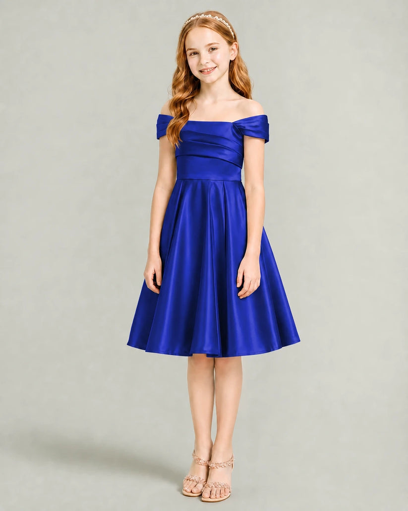 Royal Blue Satin A-line Junior Bridesmaid Dress Front View
