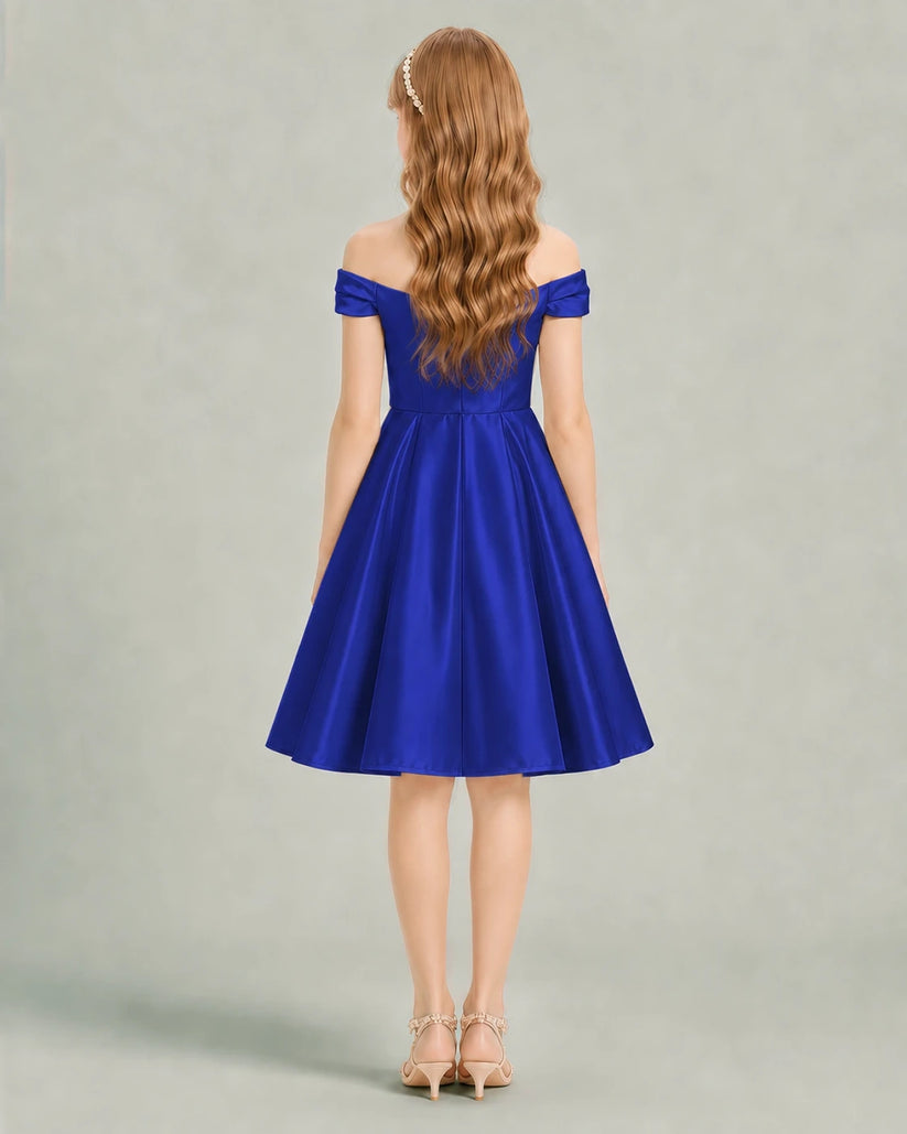 Royal Blue Satin A-line Junior Bridesmaid Dress Back View