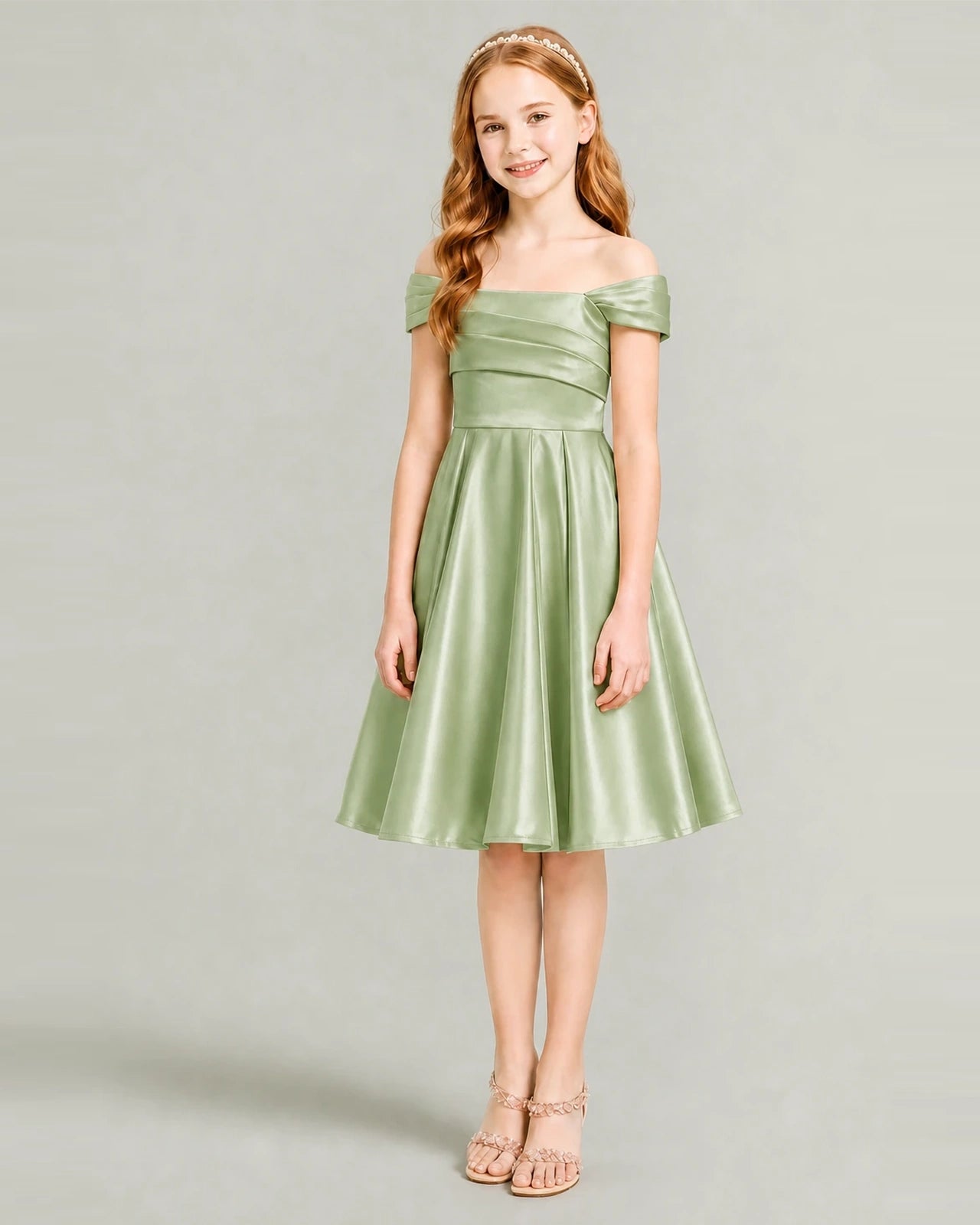 Dideyttawl Dusty Rose Junior Bridesmaid Dress Off-Shoulder Ruched Satin Knee-Length Dress, Daffodil / 12
