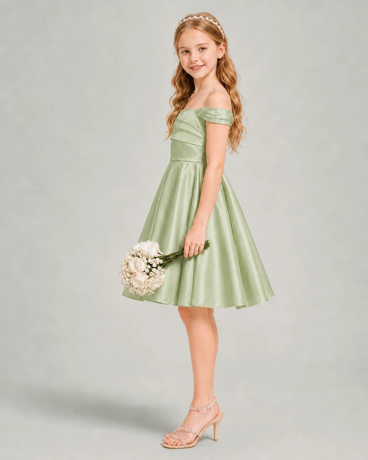 Sage Green Junior Bridesmaid Dress Off-Shoulder Ruched Satin Knee-Length A-Line Gown Side View