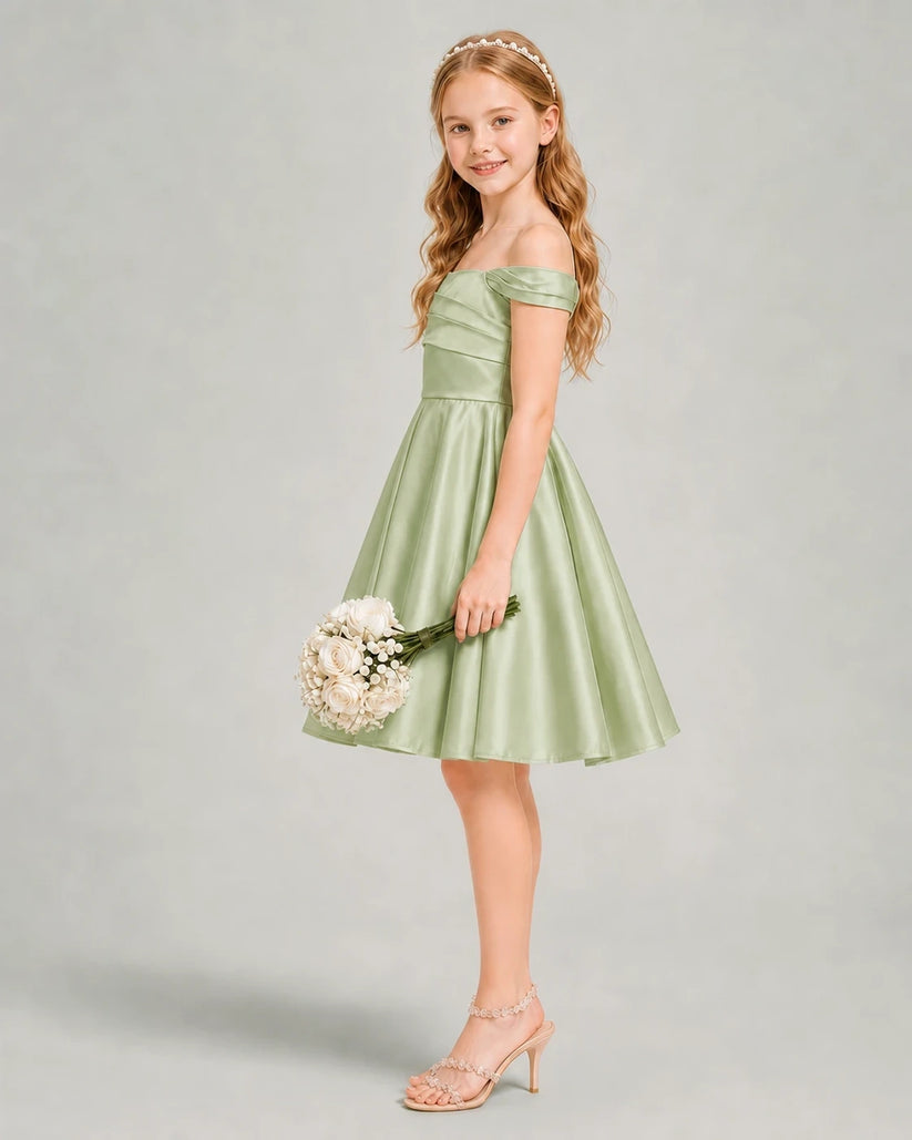 Sage Green Satin A-line Junior Bridesmaid Dress Side View