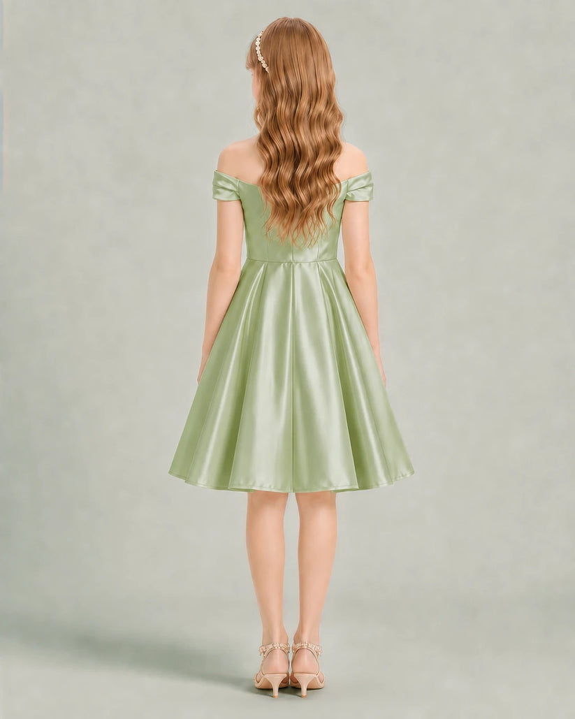 Sage Green Satin A-line Junior Bridesmaid Dress Back View