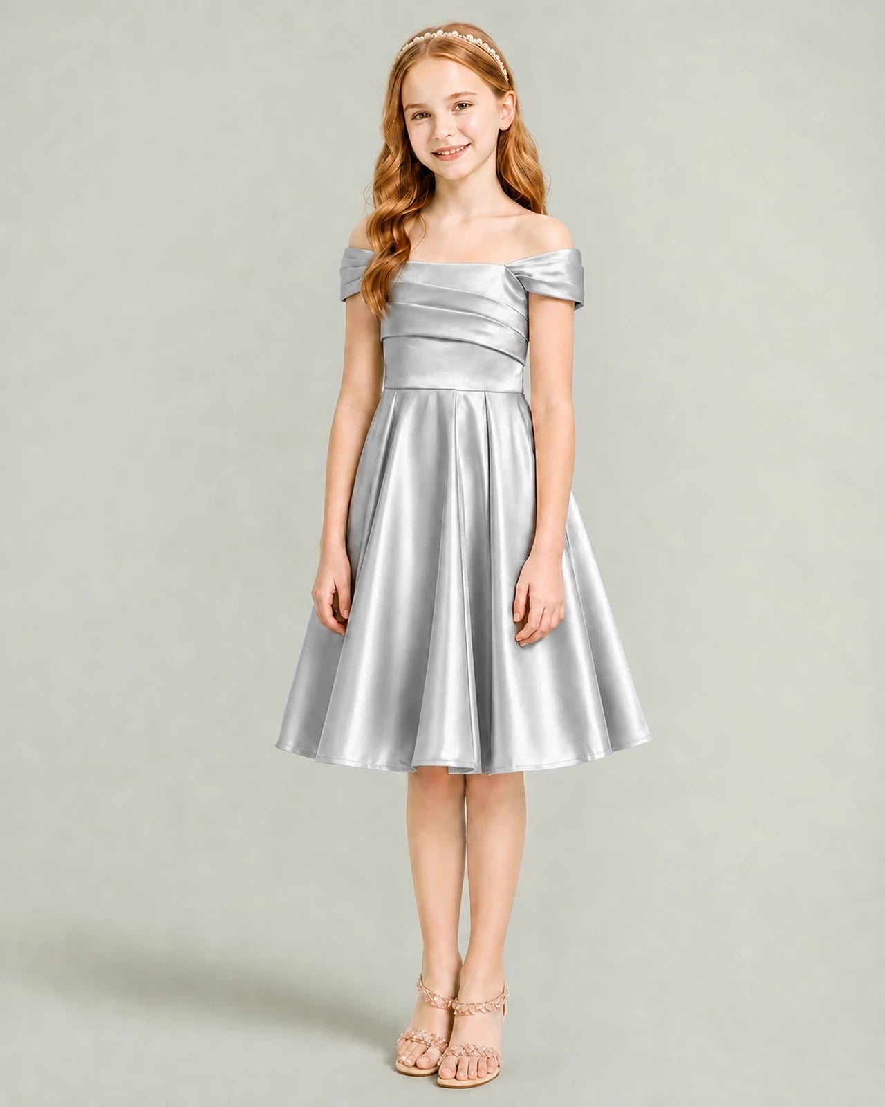 Silver Junior Bridesmaid Dress Off-Shoulder Ruched Satin Knee-Length A-Line Gown Front Full View