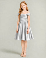 Silver Satin A-line Junior Bridesmaid Dress Front View