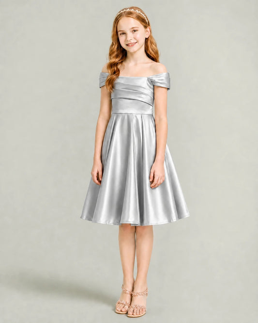 Silver Satin A-line Junior Bridesmaid Dress Front View