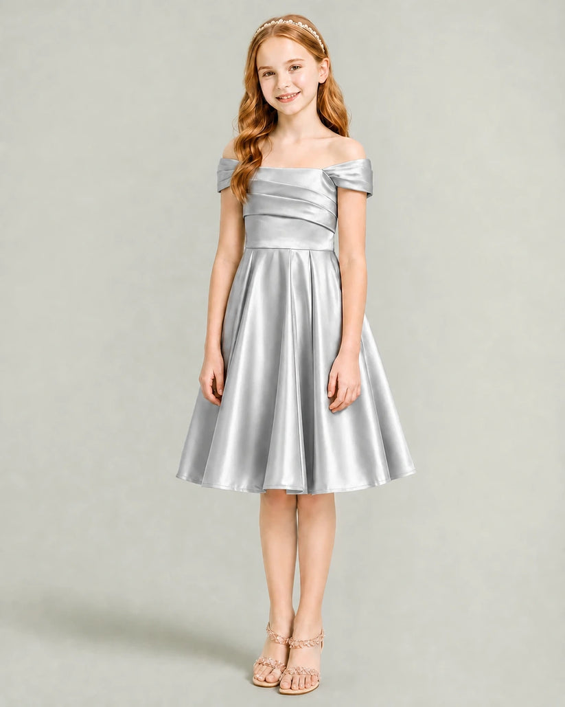 Silver Satin A-line Junior Bridesmaid Dress Front View