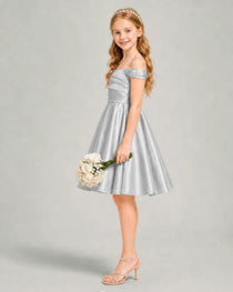 Silver Junior Bridesmaid Dress Off-Shoulder Ruched Satin Knee-Length A-Line Gown Side View