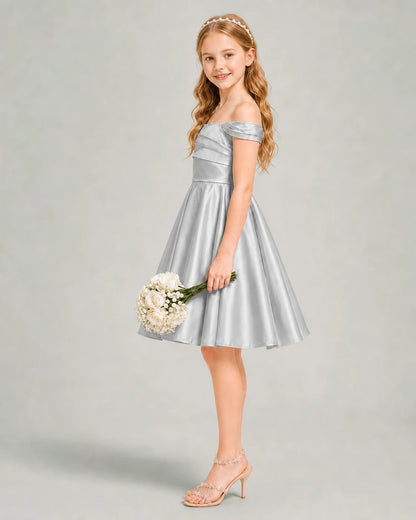 Silver Junior Bridesmaid Dress Off-Shoulder Ruched Satin Knee-Length A-Line Gown Side View