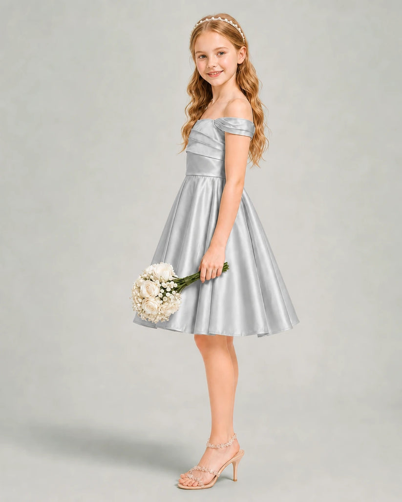 Silver Satin A-line Junior Bridesmaid Dress Side View