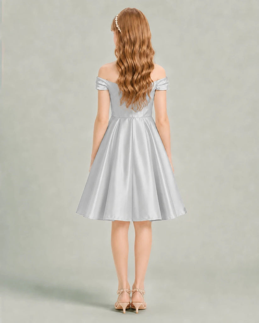 Silver Satin A-line Junior Bridesmaid Dress Back View
