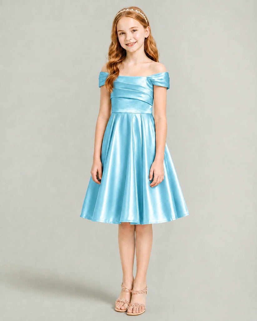 Sky Blue Satin A-line Junior Bridesmaid Dress Front View