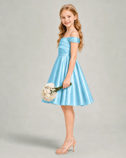 Sky Blue Junior Bridesmaid Dress Off-Shoulder Ruched Satin Knee-Length A-Line Gown Side View