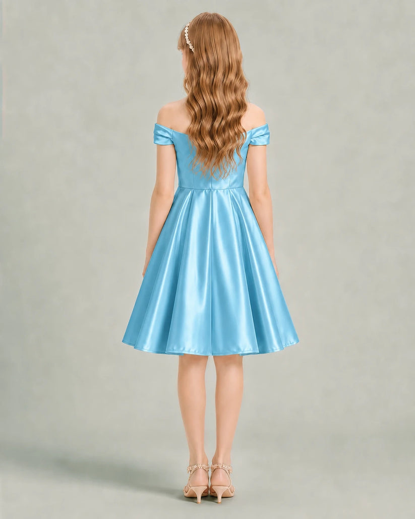 Sky Blue Satin A-line Junior Bridesmaid Dress Back View