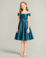 Teal Satin A-line Junior Bridesmaid Dress Front View