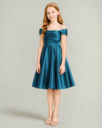 Teal Junior Bridesmaid Dress Off-Shoulder Ruched Satin Knee-Length A-Line Gown Front Full View