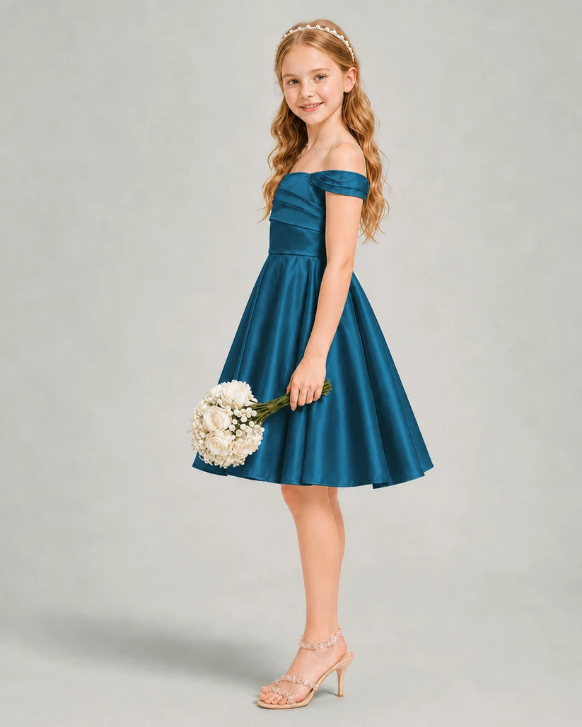 Teal Satin A-line Junior Bridesmaid Dress Side View