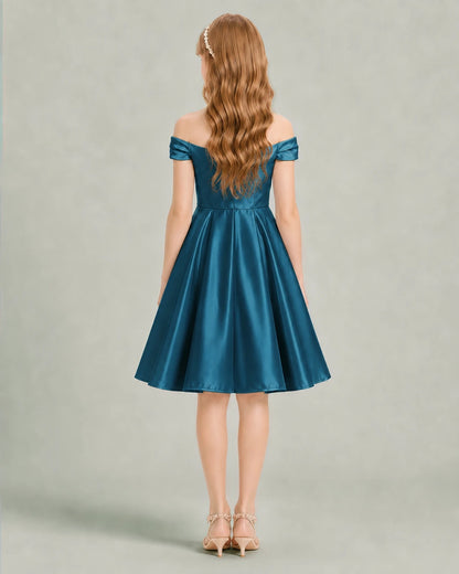 Teal Junior Bridesmaid Dress Off-Shoulder Ruched Satin Knee-Length A-Line Gown Back View