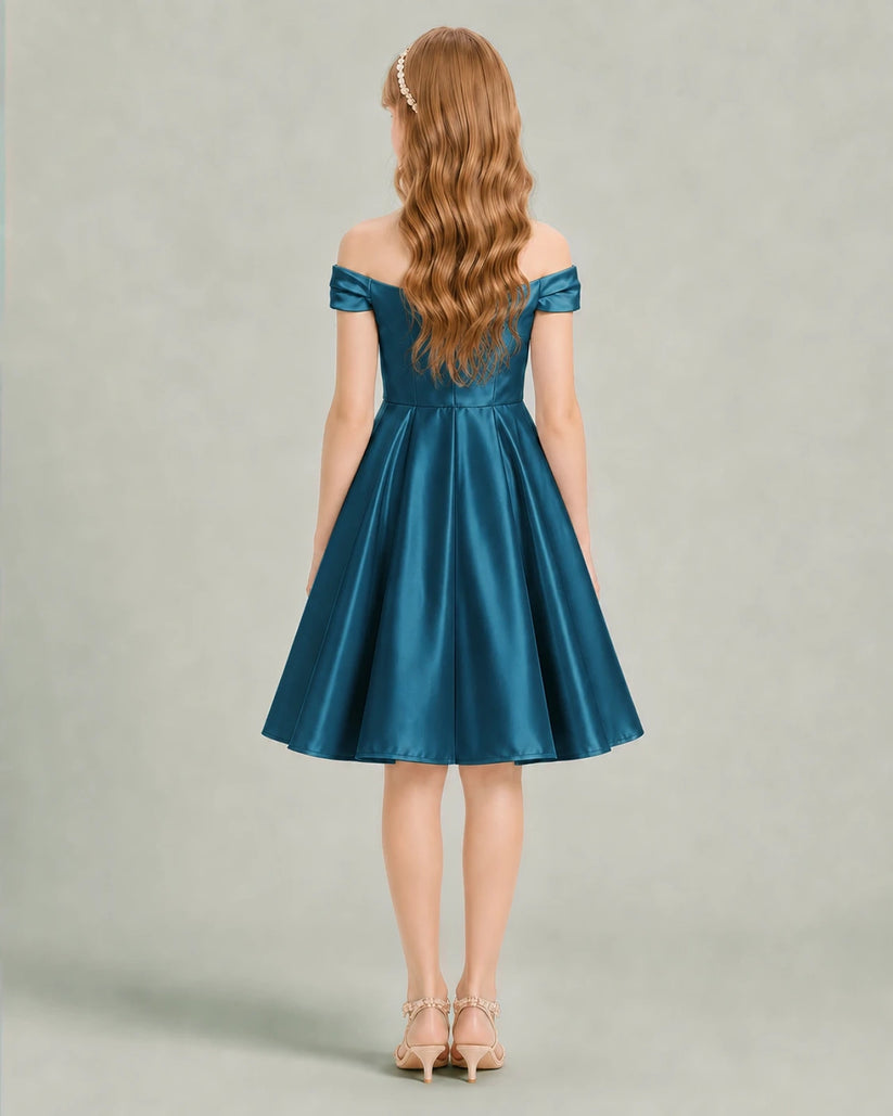 Teal Satin A-line Junior Bridesmaid Dress Back View